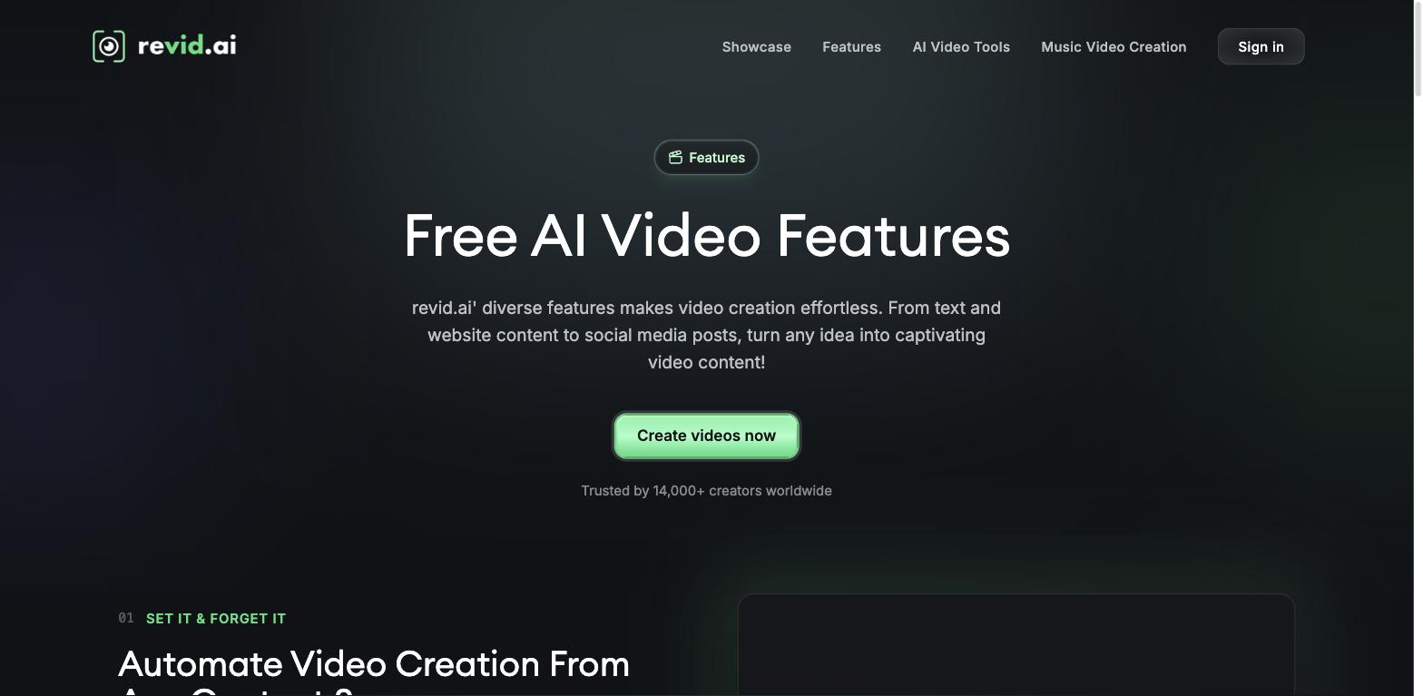 revid.ai features page hero titled 'Free AI Video Features' with descriptive text, a 'Create videos now' button, and a note that it is trusted by 14,000+ creators.