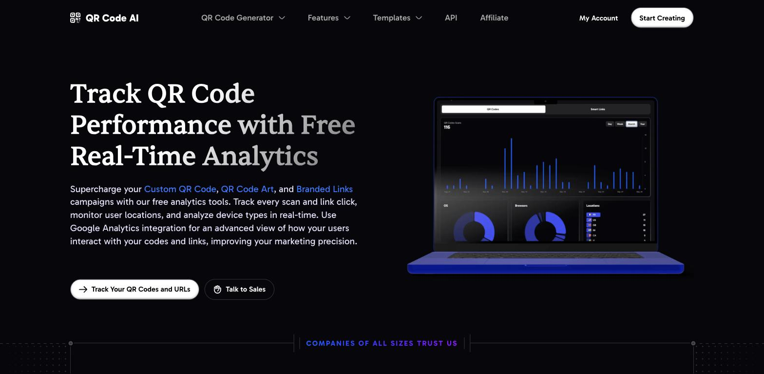 QR Code AI tracking feature page with the headline 'Track QR Code Performance with Free Real-Time Analytics' and a laptop mockup displaying a scan analytics dashboard with a bar chart and OS/Browser/Location breakdowns.