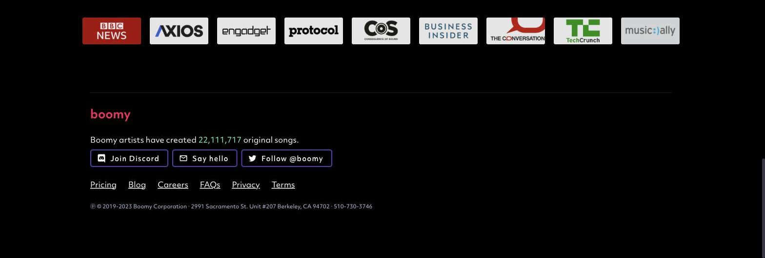 Row of press/media logos (BBC News, Axios, Engadget, Protocol, Consequence of Sound, Business Insider, The Conversation, TechCrunch, musically) above the Boomy footer stating artists have created 22,111,717 original songs.