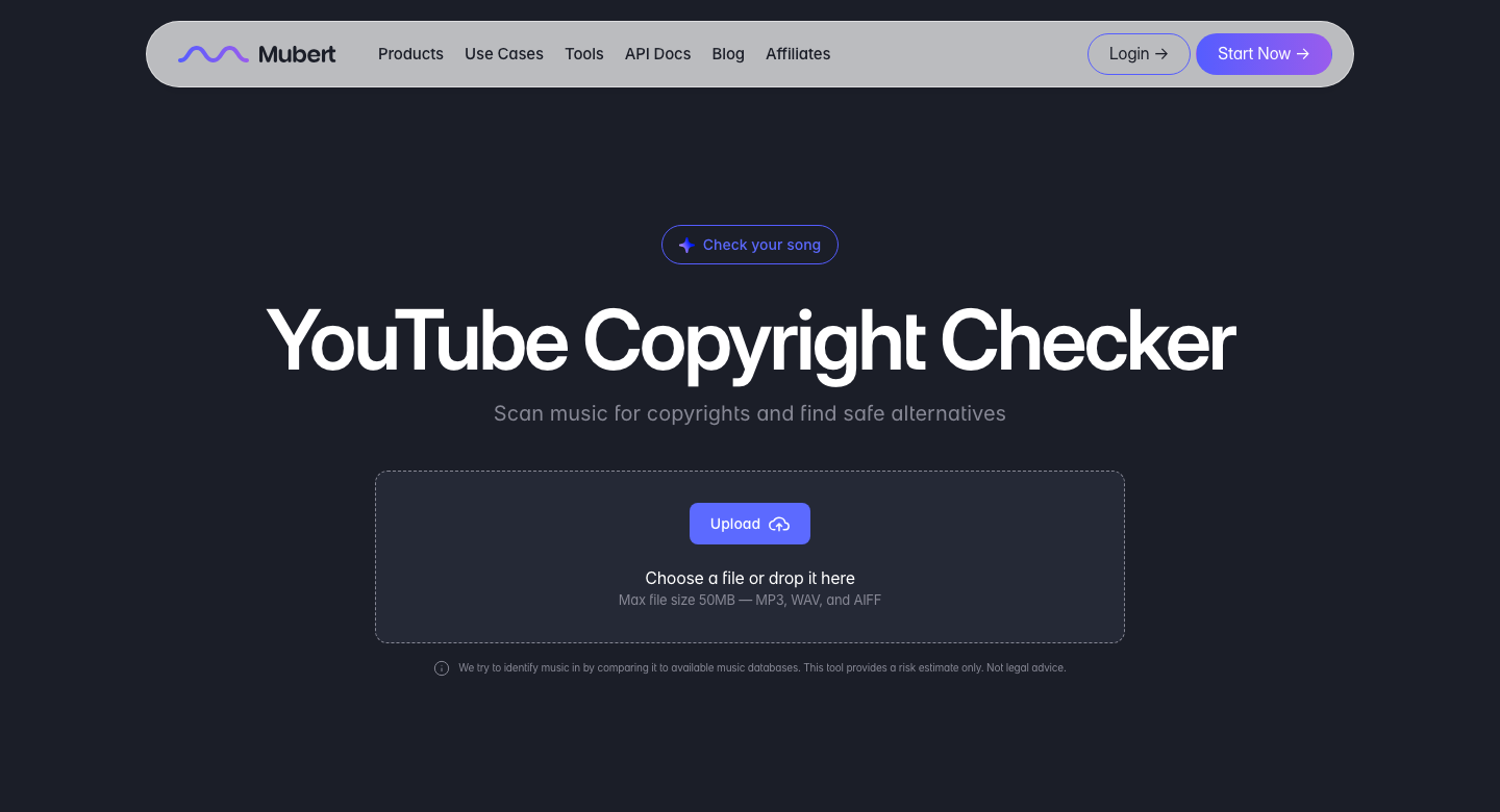 Mubert 'YouTube Copyright Checker' tool with an upload box to drag and drop or choose an audio file (max 50MB, MP3/WAV/AIFF) for a copyright scan.