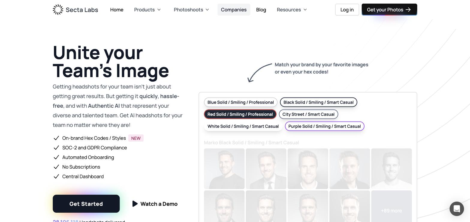 Secta AI Teams product page hero showing on-brand style-preset tags and a grid of AI-generated example headshots for a demo team member.
