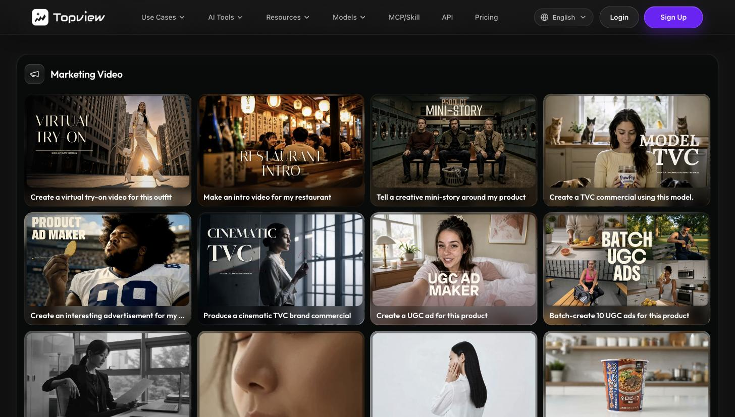 Topview public homepage 'Marketing Video' template gallery: a grid of 8 video-example thumbnails with captions (Virtual Try-On, Restaurant Intro, Product Mini-Story, Model TVC, Product Ad Maker, Cinematic TVC, UGC Ad Maker, Batch UGC Ads), each showing a distinct styled output preview.