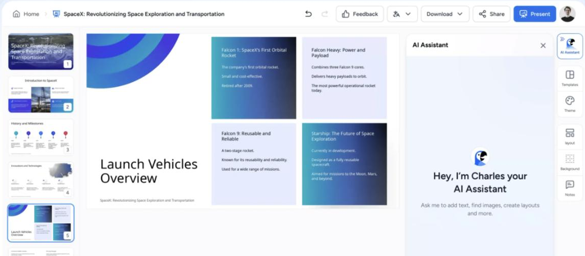 SlideSpeak slide editor showing a SpaceX presentation with a slide thumbnail rail on the left, a 'Launch Vehicles Overview' slide canvas in the centre, and an 'AI Assistant' side panel introducing 'Charles' on the right.