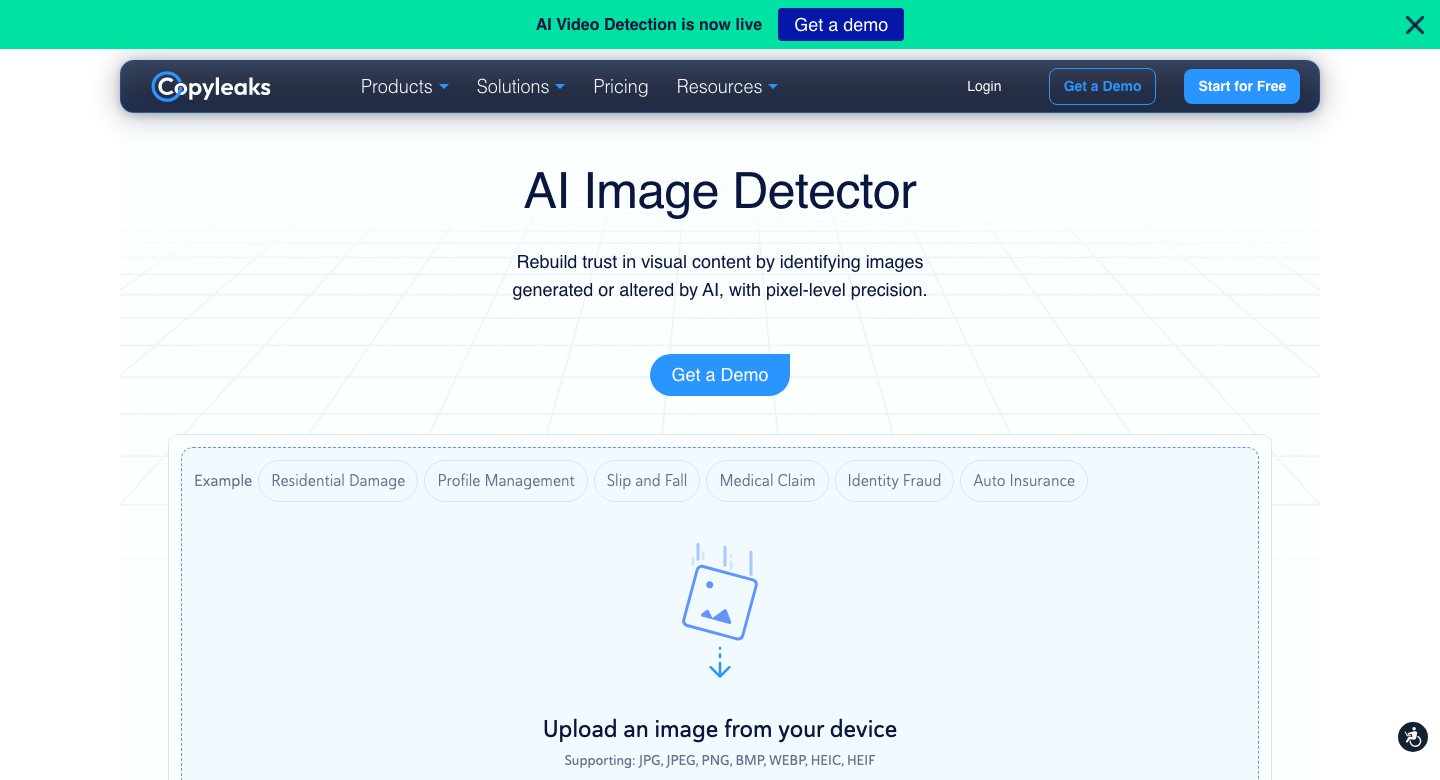 Screenshot of the Copyleaks 'AI Image Detector' section showing its heading, a 'Get a Demo' button, example category tags like Residential Damage and Identity Fraud, and an upload dropzone prompting 'Upload an image from your device.'
