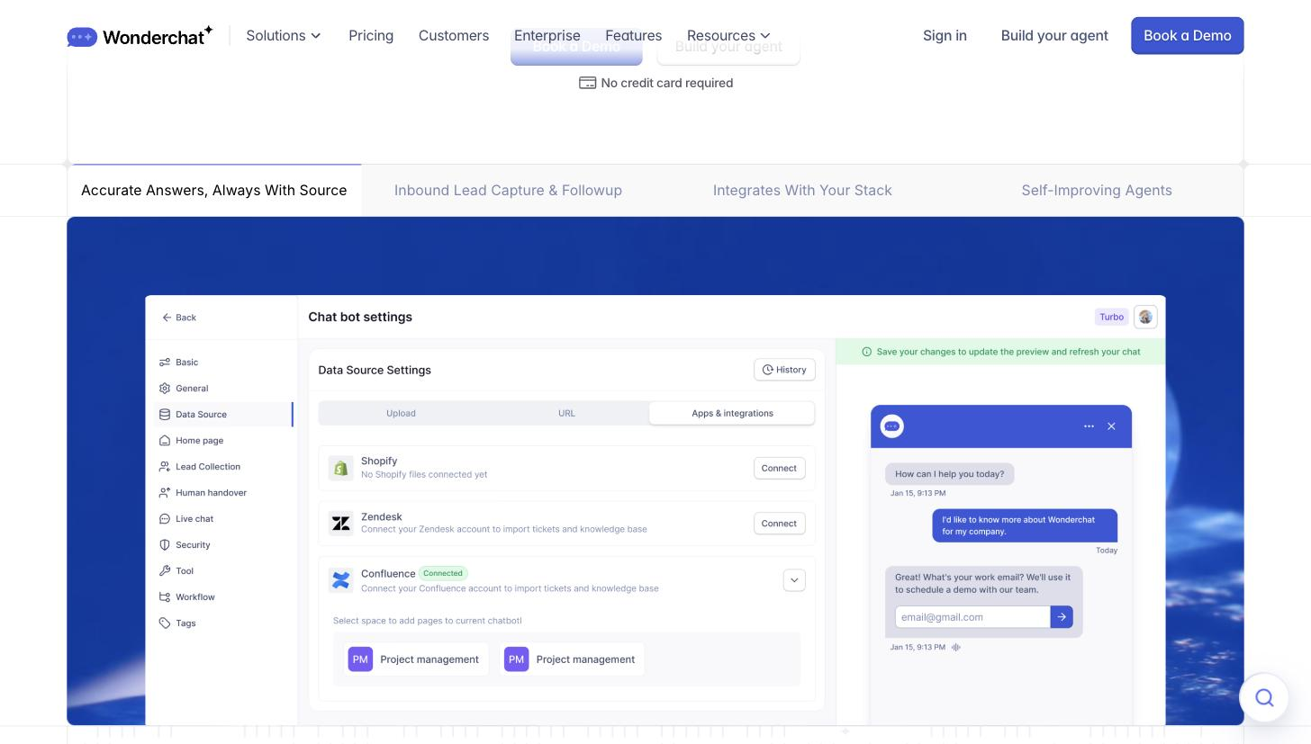 Wonderchat 'Chat bot settings' interface showing a Data Source Settings panel with Upload/URL/Apps tabs and Shopify, Zendesk and Confluence integrations on the left, beside a live chatbot preview conversation on the right.
