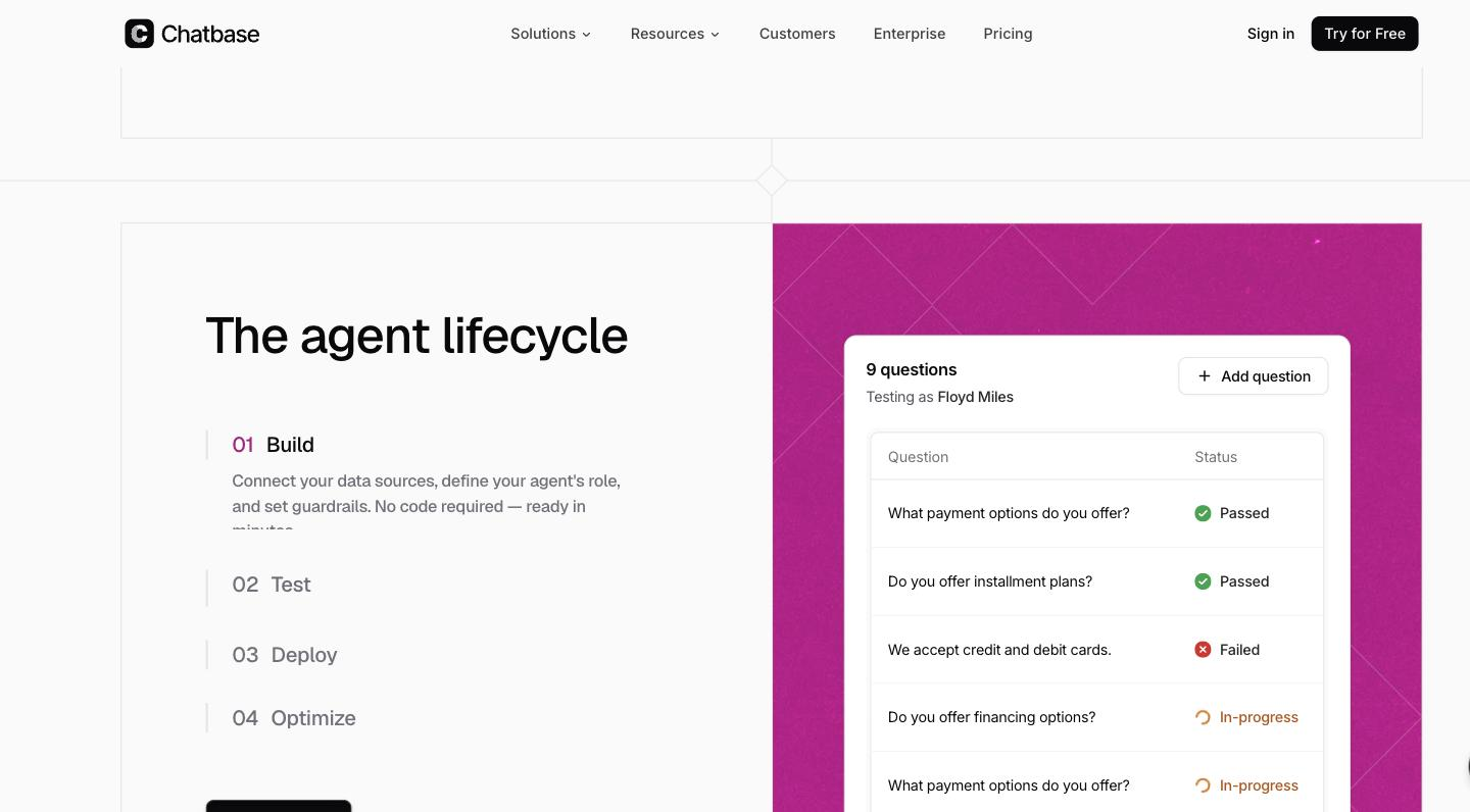 Chatbase homepage 'agent lifecycle' section showing a product panel titled '9 questions' that tests an AI support agent, listing customer questions with Passed, Failed and In-progress status labels.