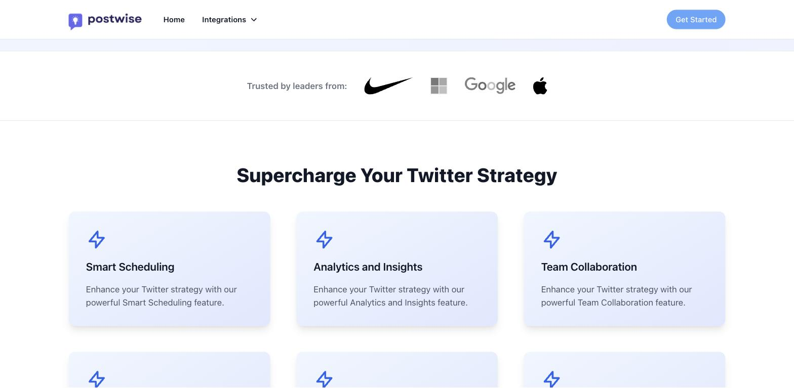 Postwise section titled 'Supercharge Your Twitter Strategy' with lightning-bolt icon cards for Smart Scheduling, Analytics and Insights, and Team Collaboration, each with a short description.