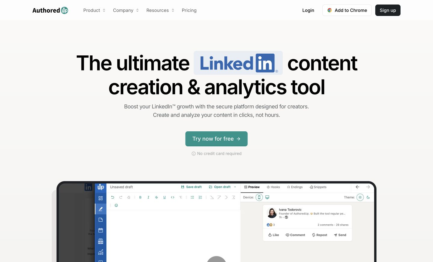 AuthoredUp homepage with navigation above the headline 'The ultimate LinkedIn content creation and analytics tool' and a product interface preview.