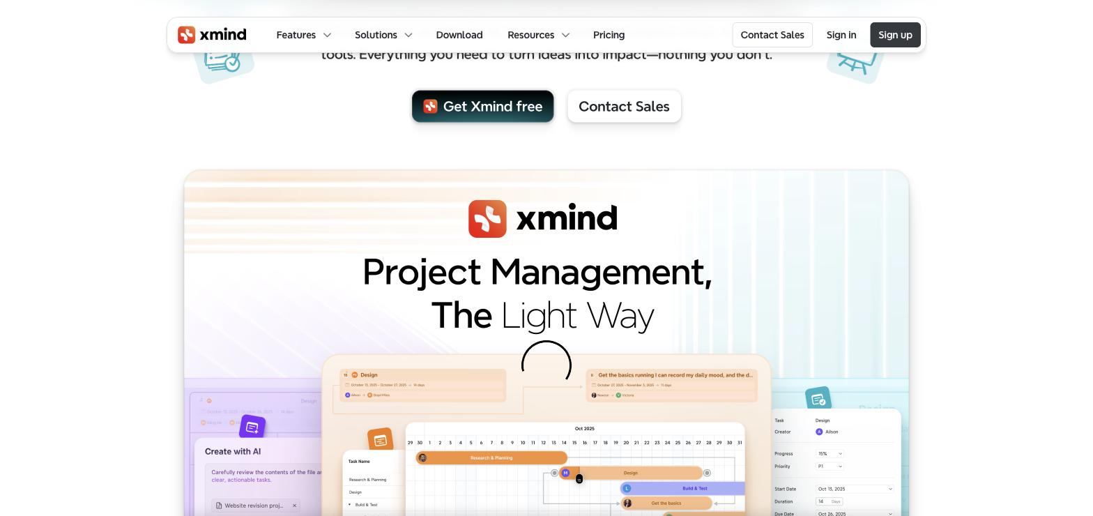 Xmind project management feature page headline 'Project Management, The Light Way' above a screenshot of a Gantt-chart-style task view with task names, date ranges, progress bars, and a task detail panel (Creator, Progress, Priority, Dates).