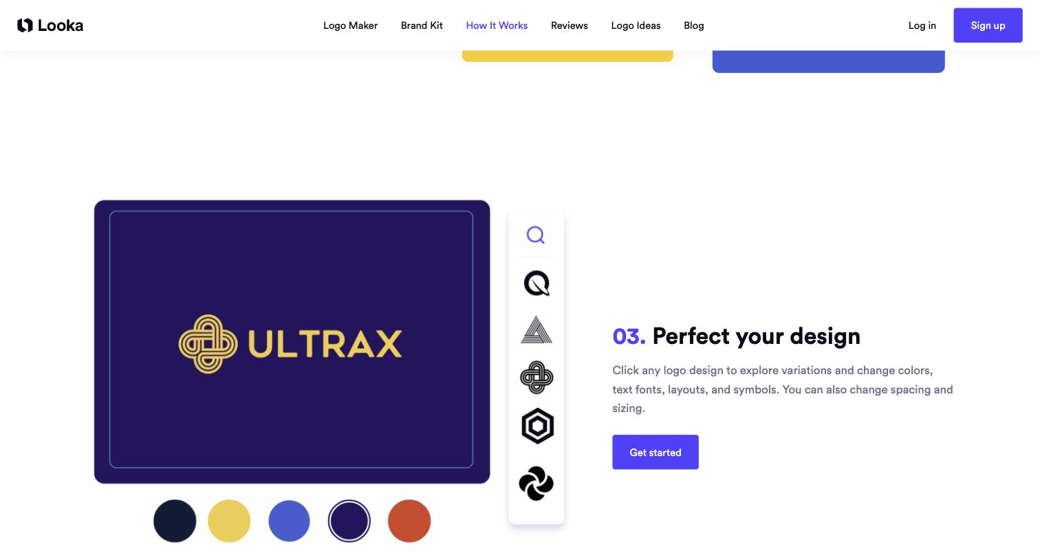 Looka public 'How It Works' page, Step 3 'Perfect your design': logo editor canvas showing the ULTRAX wordmark logo on a dark navy background, a symbol-variation picker rail (search/Q/triangle/knot/hexagon/swirl icons) on the right, and five color-palette swatches beneath the canvas.