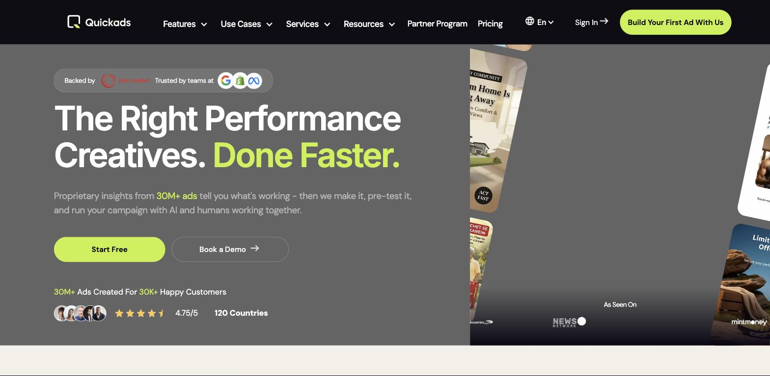 Quickads homepage with the headline 'The Right Performance Creatives. Done Faster.', trust badges, Start Free and Book a Demo buttons, and a collage of vertical ad creative mockups on a dark background.