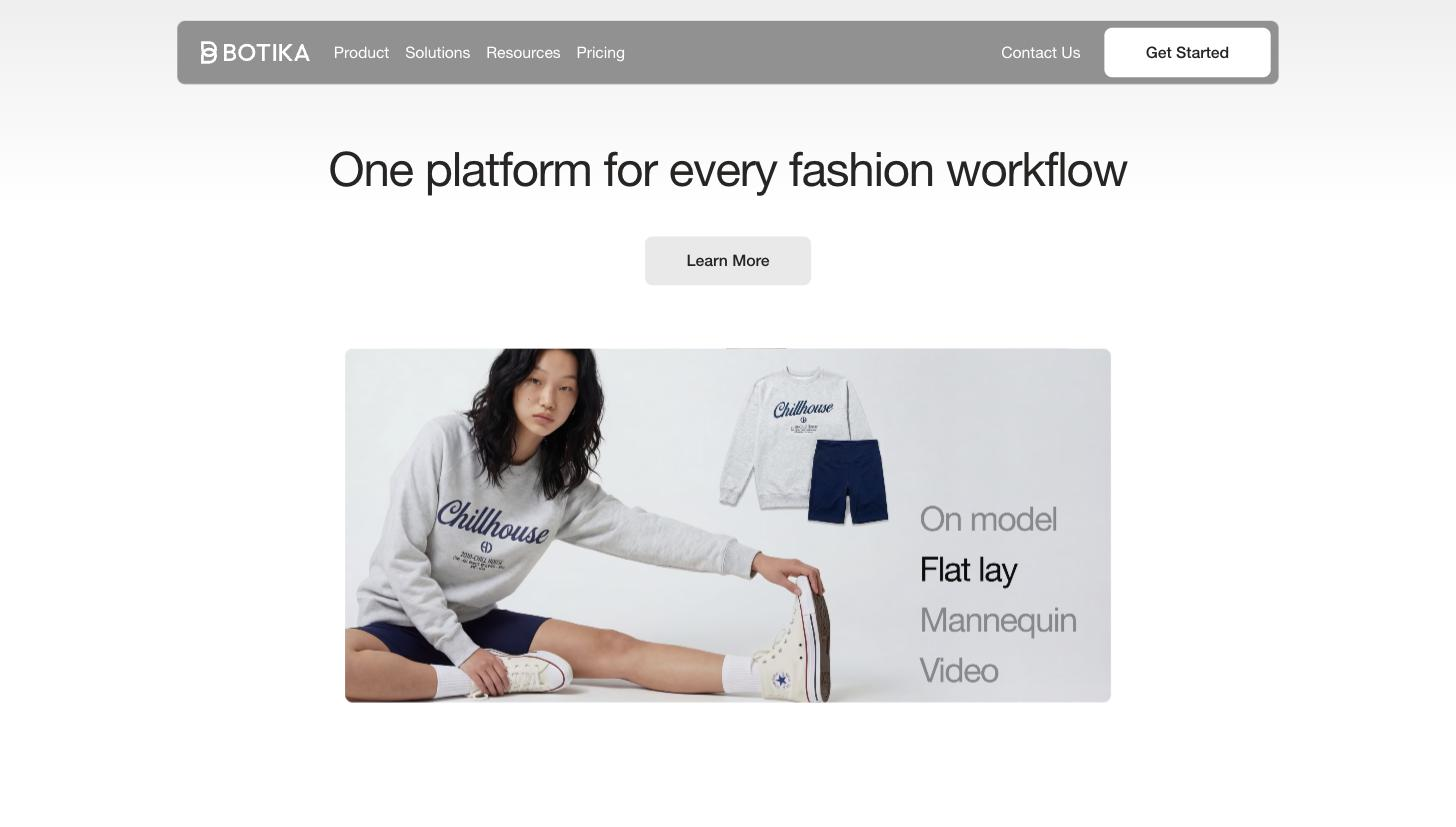 Botika flat-lay -> on-model transformation comparison: an apparel flat-lay (Chillhouse sweatshirt/shorts) converted into an on-model photo, with an output-mode selector (On model / Flat lay / Mannequin / Video).