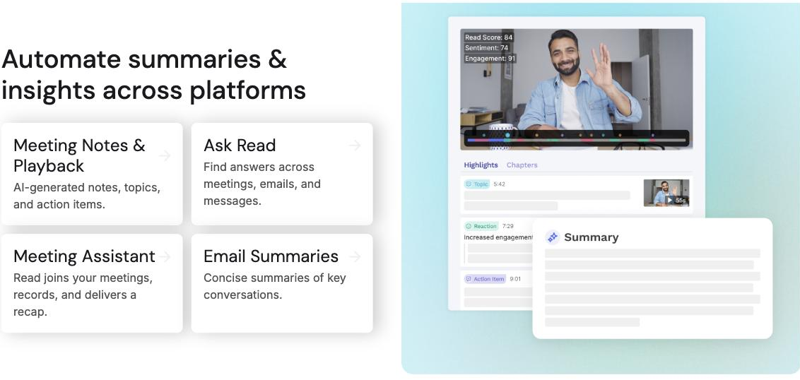 Read AI product visual showing a recorded meeting with a Read Score of 84, Sentiment 74 and Engagement 91, a Highlights/Chapters timeline with topic, reaction and action-item markers, and a generated Summary panel, beside feature cards for Meeting Notes & Playback, Ask Read, Meeting Assistant and Email Summaries