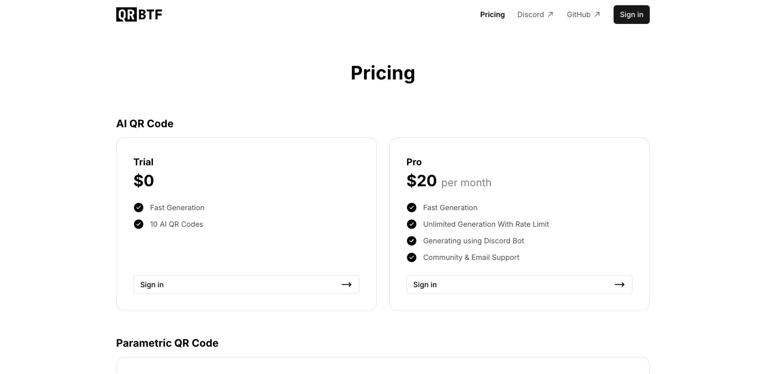 QRBTF pricing page showing two AI QR Code plans, Trial ($0) and Pro ($20/month), each listing included features and a 'Sign in' button, with a 'Parametric QR Code' section beginning below.