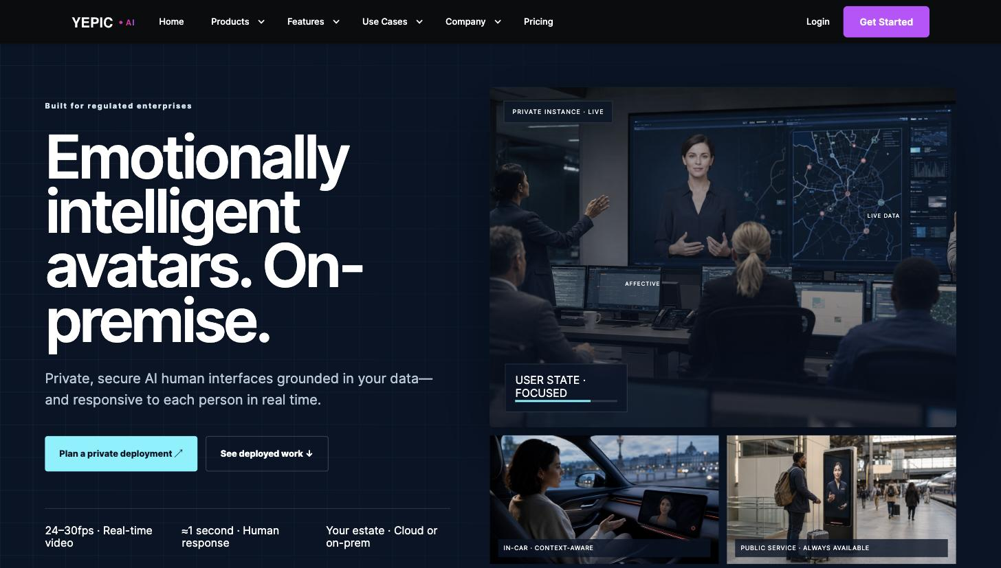Yepic AI homepage hero 'Emotionally intelligent avatars. On-premise.' beside product images of an AI human avatar presenting on a control-room screen, plus in-car and public-service kiosk avatars, with tags like 'Private instance · Live' and 'User state · Focused'.