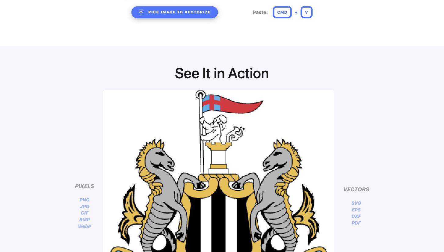Vectorizer.AI 'See It in Action' comparison showing a detailed heraldic coat-of-arms crest, labelled 'Pixels' with raster formats (PNG, JPG, GIF, BMP, WebP) on the left and 'Vectors' with output formats (SVG, EPS, DXF, PDF) on the right.