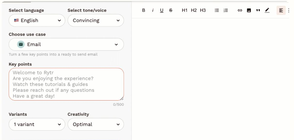 Rytr writing composer showing controls to select language (English), tone/voice (Convincing), use case (Email) and key points, plus Variants and Creativity settings, next to a rich-text editor with a formatting toolbar