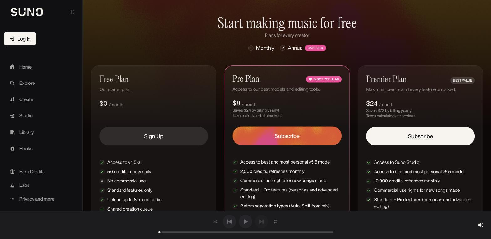 Suno app interface, with its left sidebar (Home, Explore, Create, Studio, Library, Hooks) and bottom audio player visible, showing the pricing view with Free, Pro ($8/month), and Premier ($24/month) plan cards.