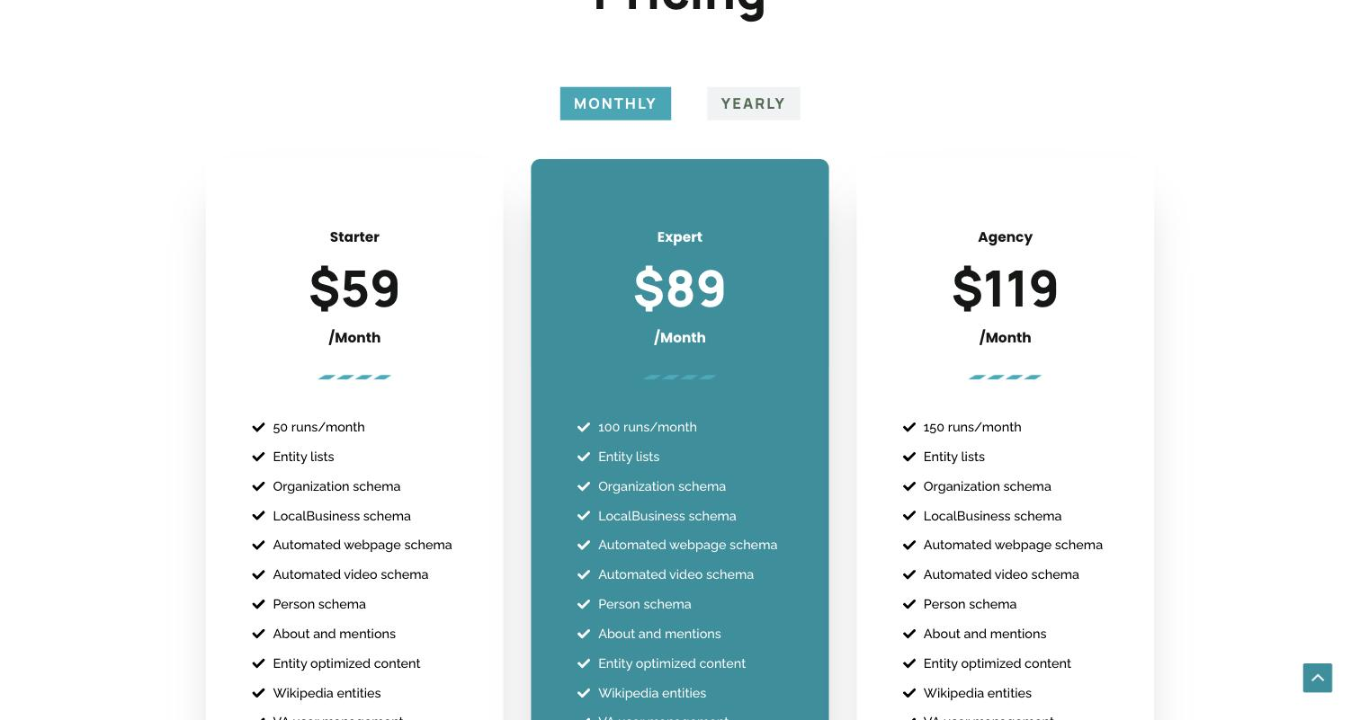 Schemawriter.ai public homepage Pricing section: three-tier subscription comparison (Starter $59/mo, Expert $89/mo highlighted, Agency $119/mo) each with a checklist of included features (entity lists, schema types, VA user management, etc).