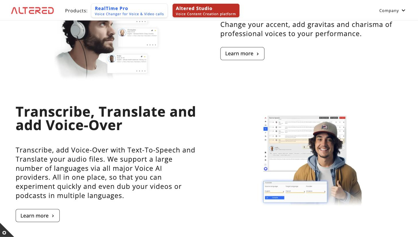 Altered Studio Text-to-Speech feature UI (multi-line TTS editor list) with a Translate panel (Source Language English -> Target French, provider selector).