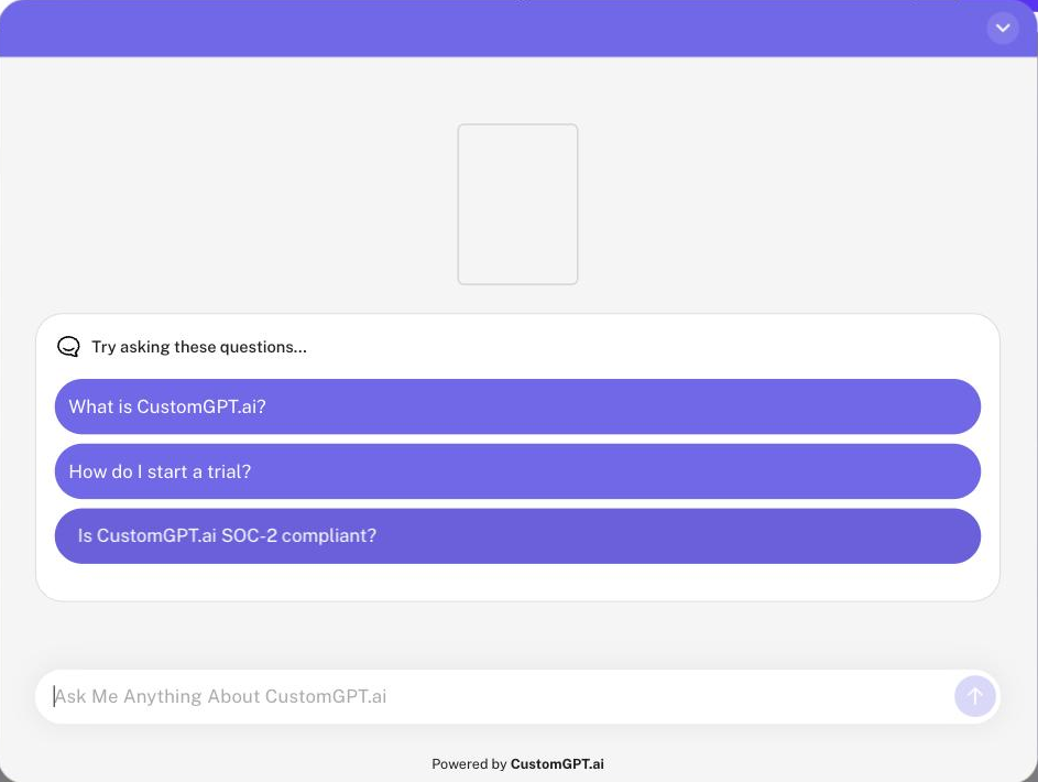Opening state of the deployed CustomGPT.ai agent, offering three starter questions - 'What is CustomGPT.ai?', 'How do I start a trial?' and 'Is CustomGPT.ai SOC-2 compliant?' - above a message input.