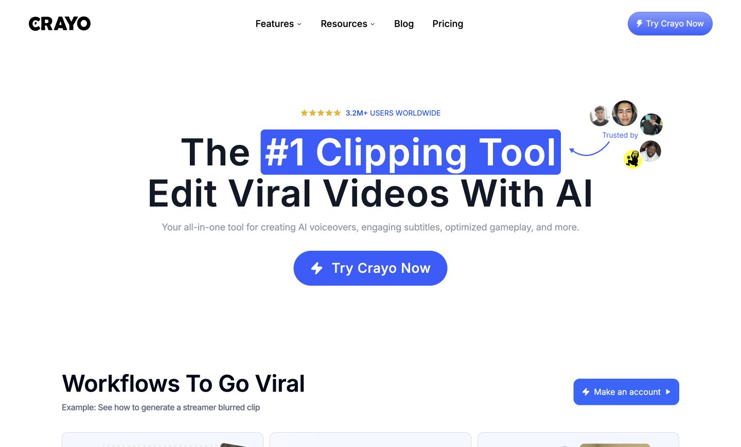 Crayo homepage with its logo and navigation above the headline 'The #1 Clipping Tool — Edit Viral Videos With AI' and a Try Crayo call to action.