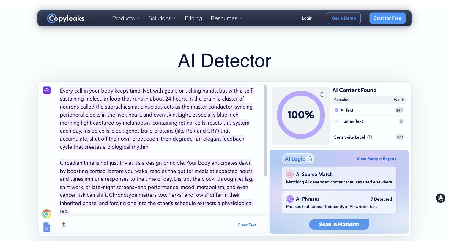 Copyleaks AI Detector results view: the scanned text is highlighted on the left and a right-hand panel reports 100%, 243 AI-text words, 0 human-text words, sensitivity level 2/3, and an AI Logic section listing 7 detected AI phrases.