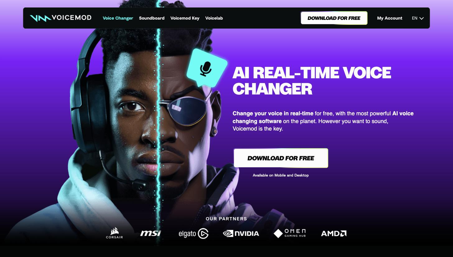 Voicemod 'AI Real-Time Voice Changer' feature-page hero: a split-face portrait of a headset-wearing gamer beside a microphone speech-bubble icon and a 'Download for free' call to action, with partner logos (Corsair, MSI, Elgato, NVIDIA, OMEN, AMD) along the bottom.
