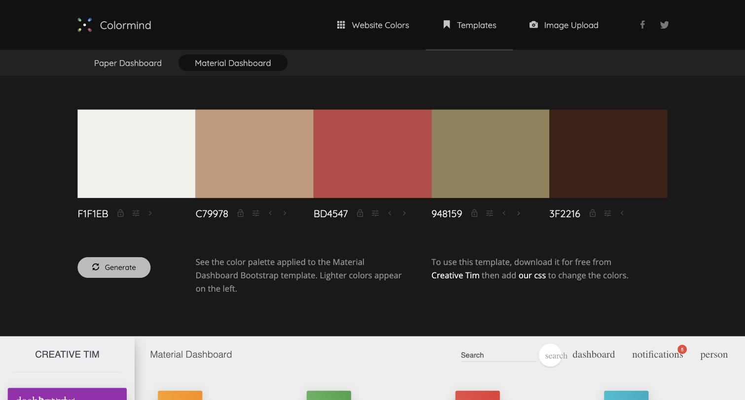 Colormind's Templates view with Paper Dashboard and Material Dashboard tabs, a generated five-colour palette, and a live Material Dashboard preview rendered underneath in those colours.