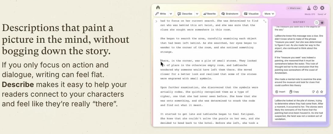 Sudowrite editor showing a manuscript in the centre with a Write, Describe, Rewrite, Brainstorm and Visualize toolbar, next to a purple 'History' panel listing generated description variations.