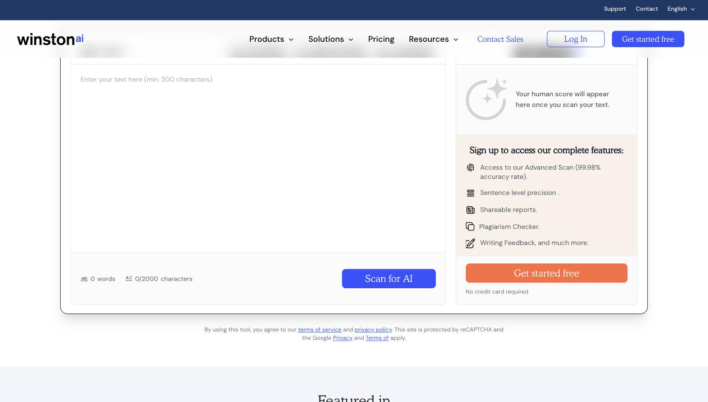 Winston AI content-detector interface with a large 'Enter your text here (min. 300 characters)' input area, a word and character counter, a 'Scan for AI' button, and a right-hand panel where the human score appears once text is scanned.