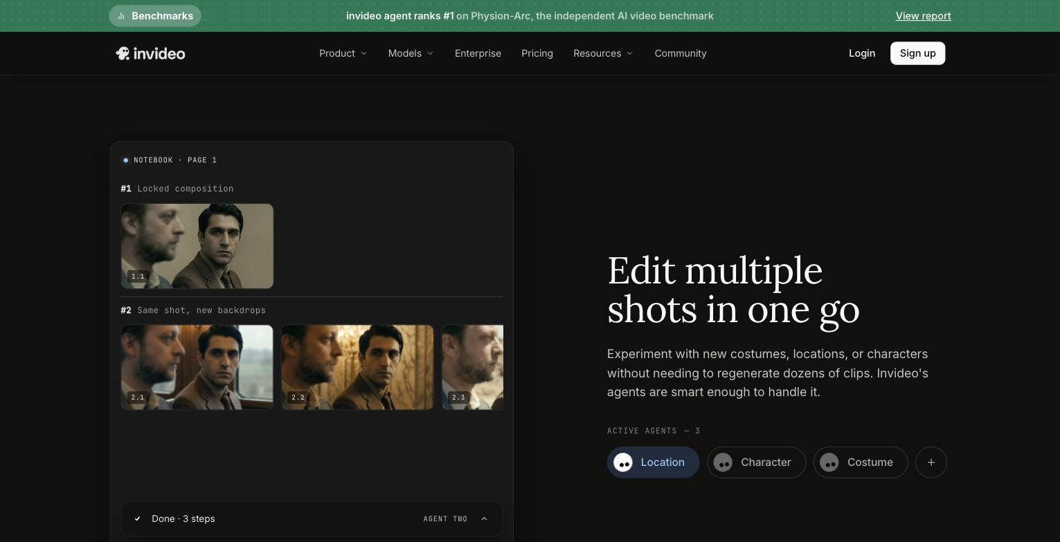 Invideo multi-shot editing workflow: a "Notebook" panel showing a locked-composition shot (#1) and the same shot regenerated with new backdrops (#2, three variants), alongside active AI agent toggles (Location, Character, Costume) used to vary shots without regenerating from scratch.