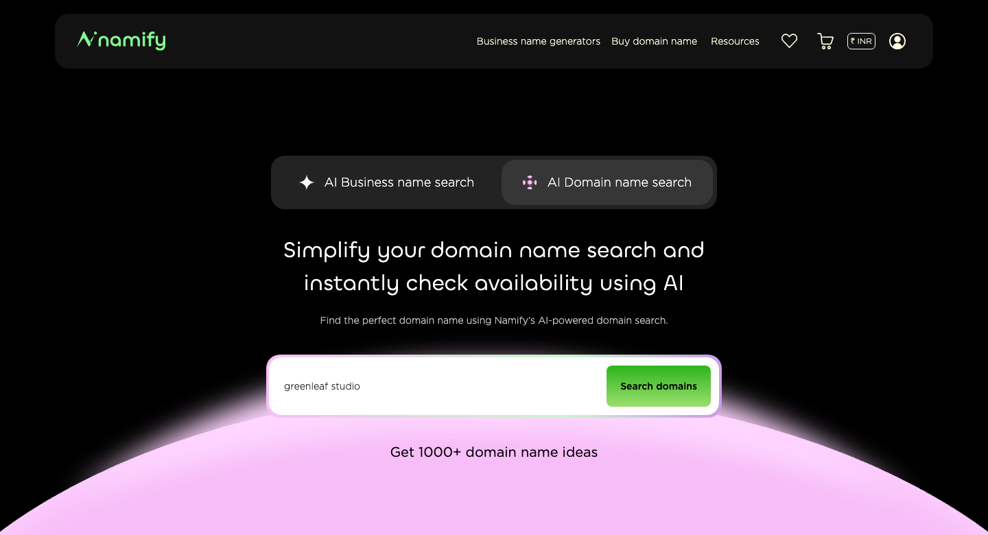 Namify domain name search interface with toggle tabs for 'AI Business name search' and 'AI Domain name search', a text input containing 'greenleaf studio', and a 'Search domains' button.