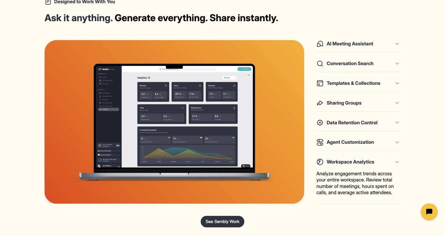 Sembly AI public homepage 'Workspace Analytics' feature panel: a laptop-framed mockup of the Analytics dashboard showing Meetings/Hours/Attendees/Tasks/Meeting Notes metric tiles and an 'In-meeting Participation' line chart across the week.