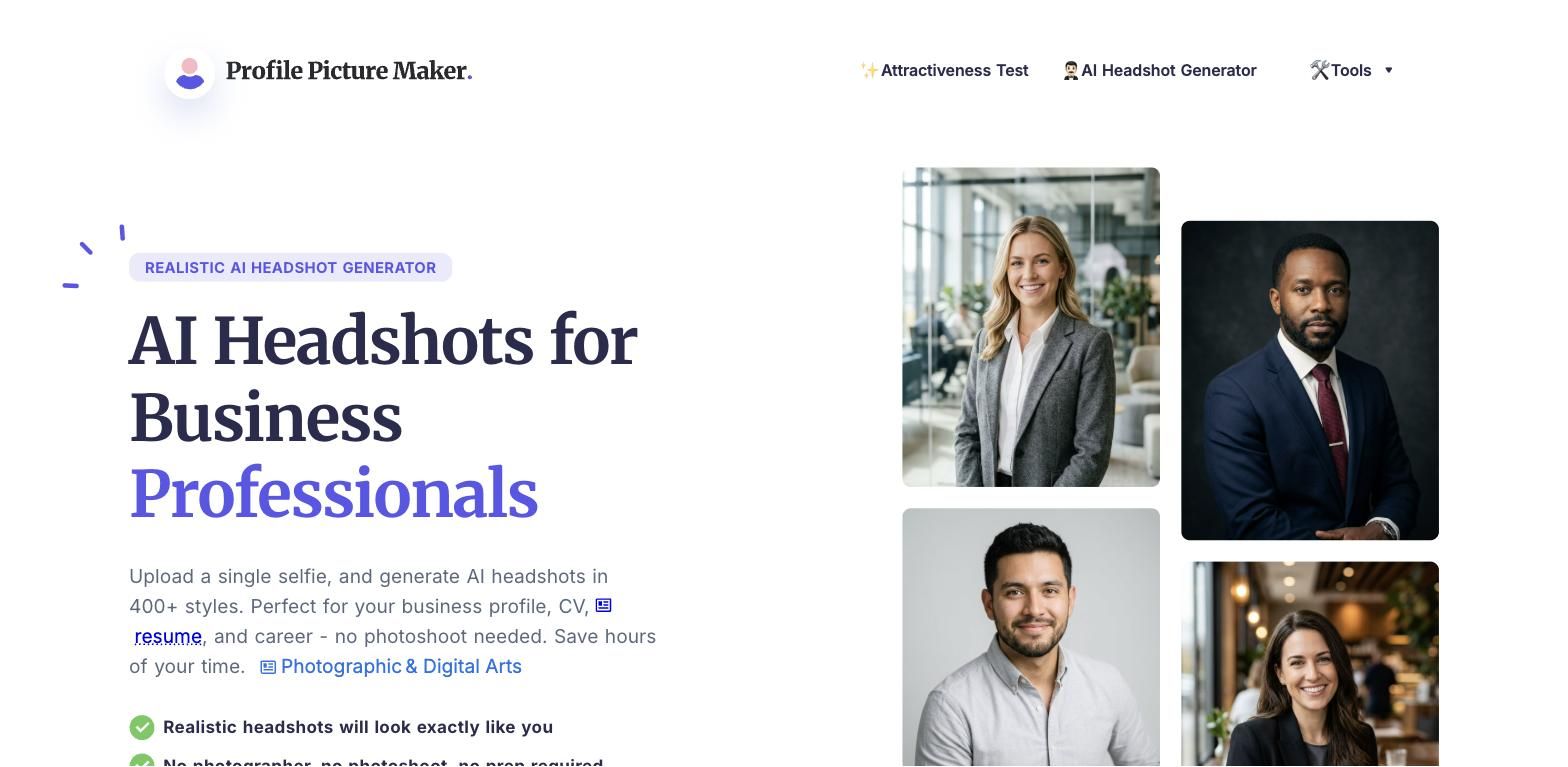 Profile Picture Maker AI Headshot Generator landing page with the headline 'AI Headshots for Business Professionals' beside a grid of sample generated headshot photos of different people in business attire.