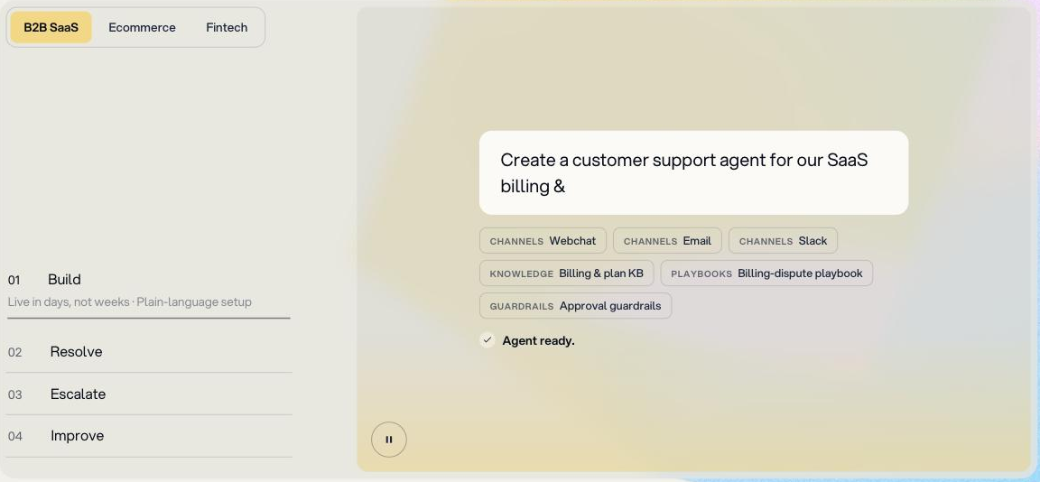 Botpress plain-language agent builder showing a prompt to create a customer support agent with configured channels, a billing knowledge base, a billing-dispute playbook, and approval guardrails.