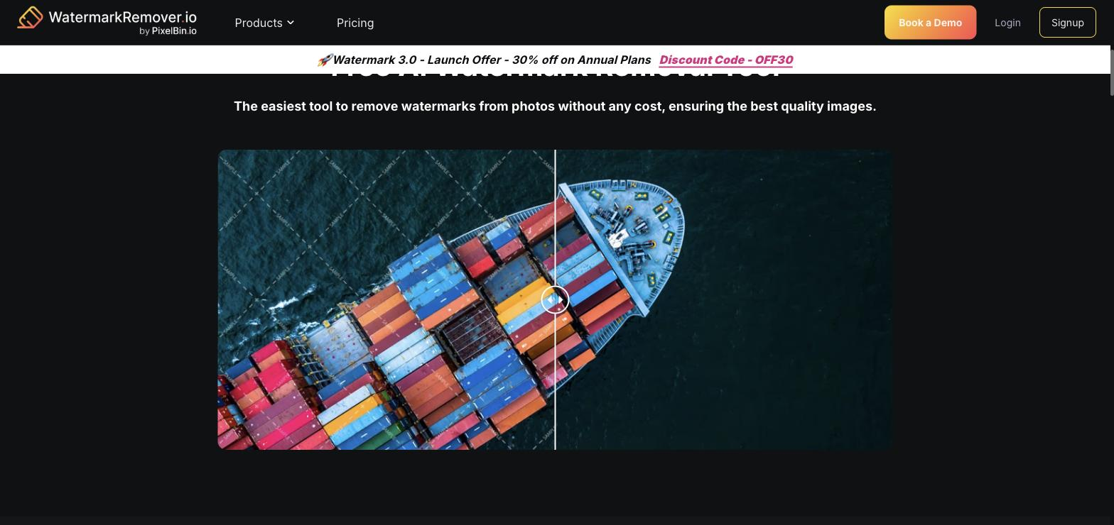 Before/after comparison slider on WatermarkRemover.io showing an aerial photo of a cargo ship with a draggable center divider to compare the sample image on either side.