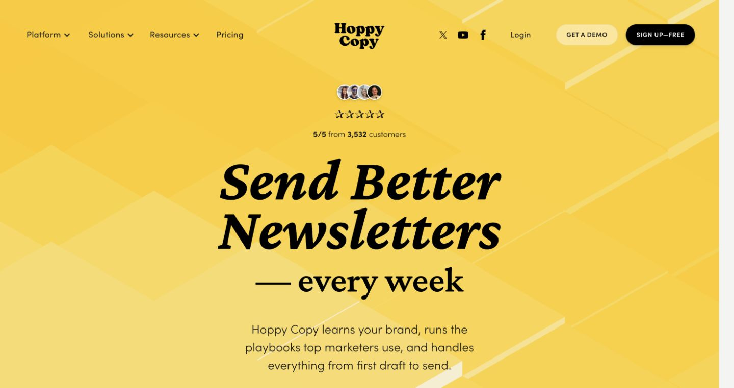 Hoppy Copy homepage with navigation and AI newsletter automation proposition.
