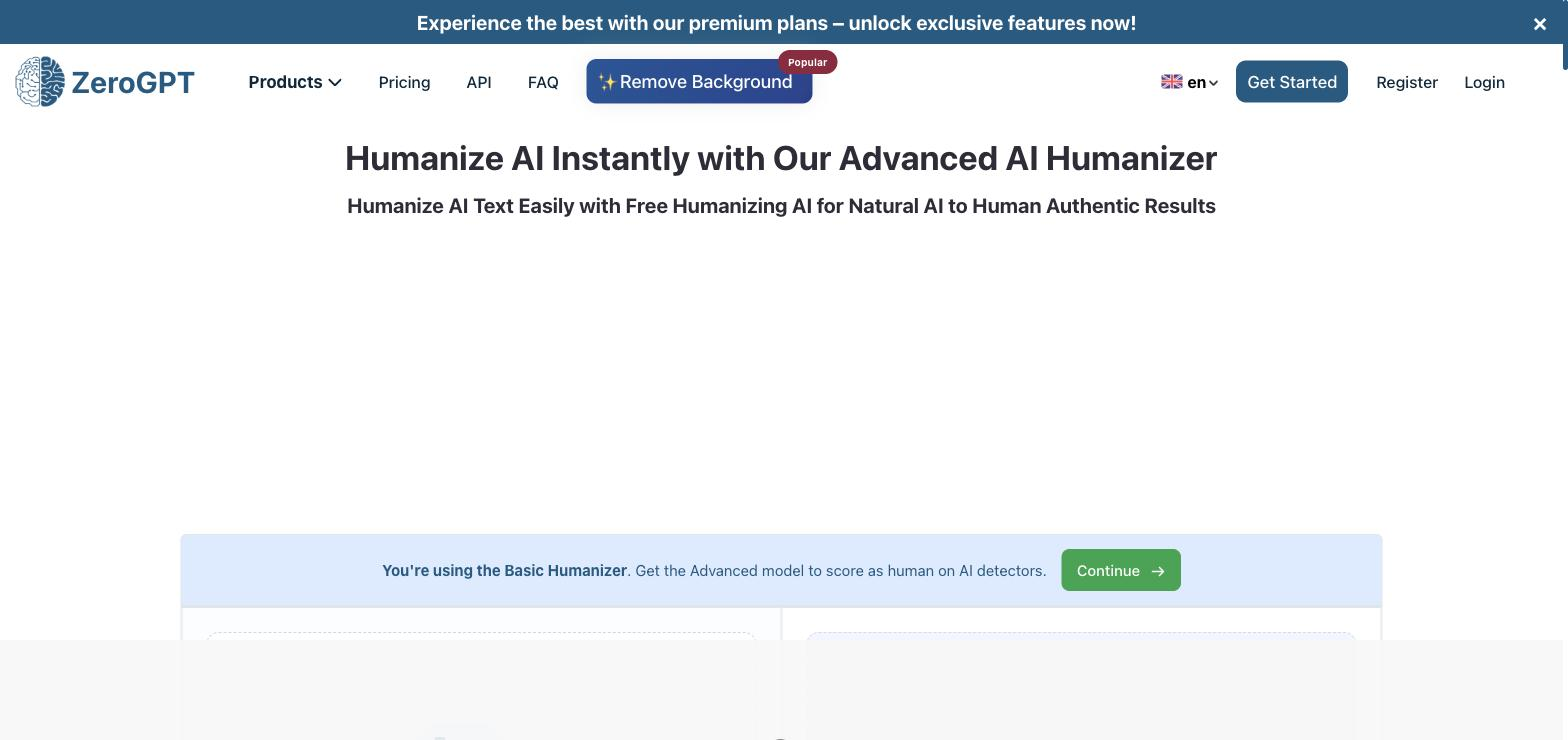 ZeroGPT AI Humanizer page with heading 'Humanize AI Instantly with Our Advanced AI Humanizer', a notice that the Basic Humanizer is in use with a 'Continue' button, and two empty side-by-side text panels.