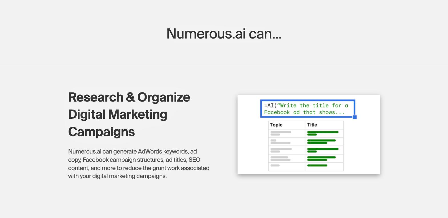 Screenshot of a Numerous.ai marketing page section headed 'Numerous.ai can... Research & Organize Digital Marketing Campaigns' with descriptive text and a small illustrative graphic of a spreadsheet formula bar and a two-column Topic/Title table.