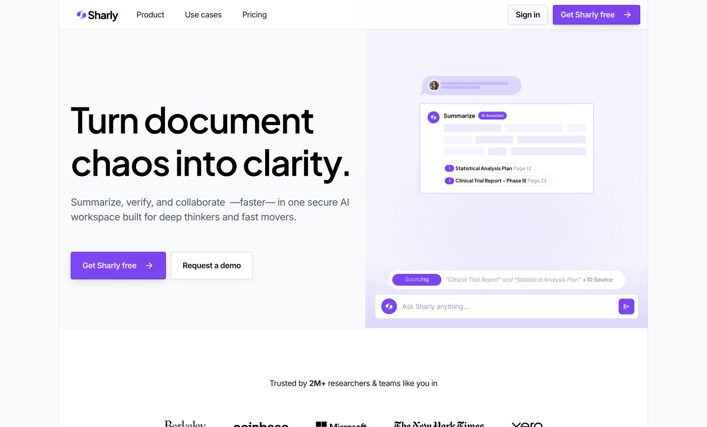 Sharly official product page showing the vendor identity, navigation, and main product proposition.