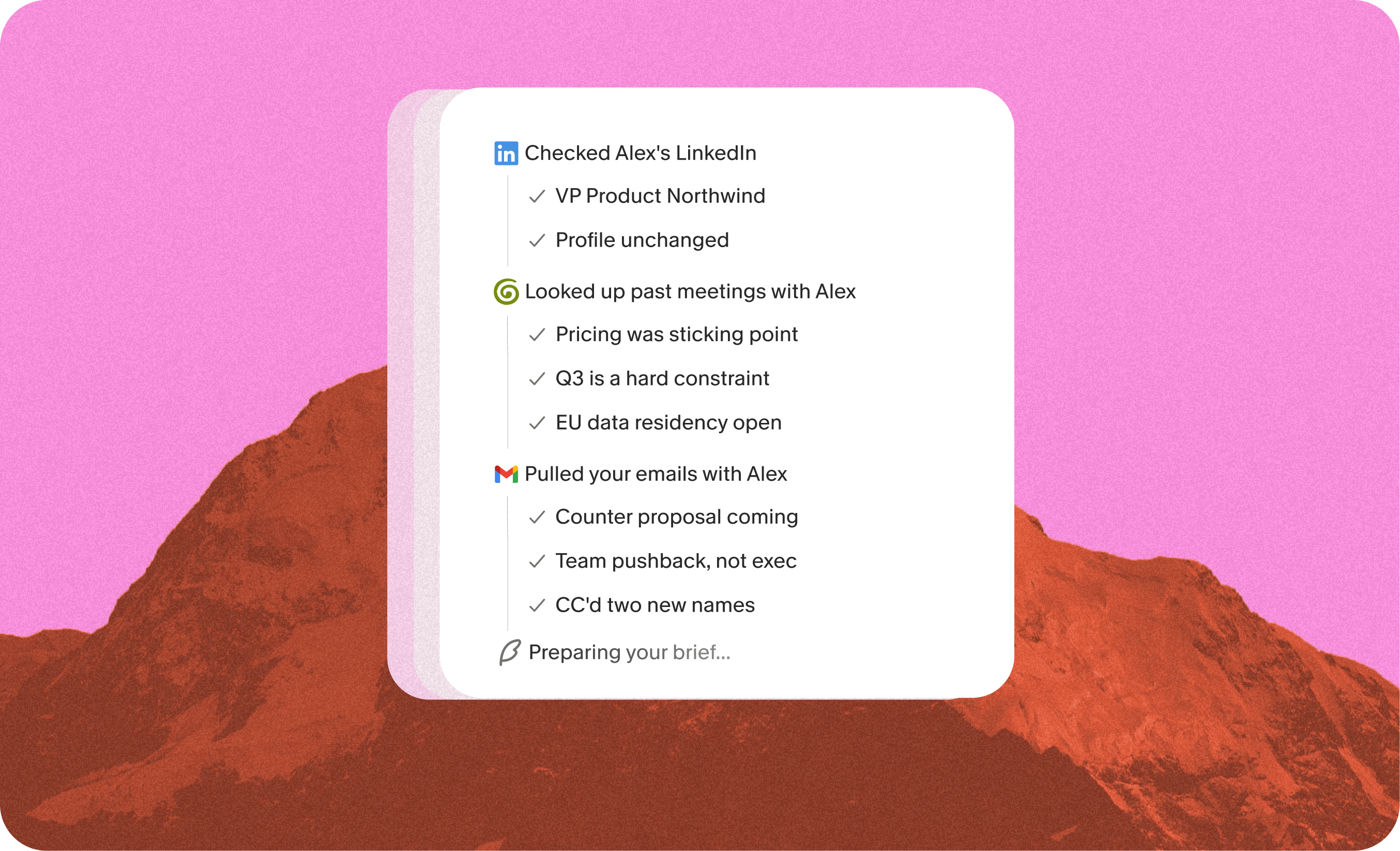 Stylized card graphic on a pink and orange mountain background listing checklist-style steps (checked Alex's LinkedIn, looked up past meetings, pulled emails) with LinkedIn, Granola, and Gmail icons, ending with 'Preparing your brief...'.