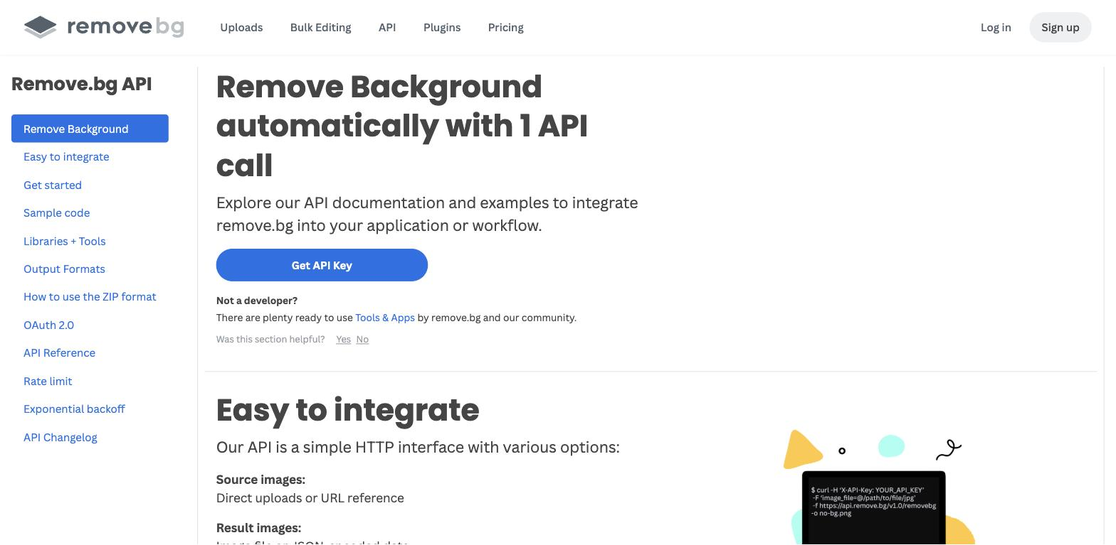 Remove.bg API documentation page with a left sidebar listing topics (Get Started, Sample Code, API Reference, Rate Limit), a 'Get API Key' button, and a terminal-style curl code sample.
