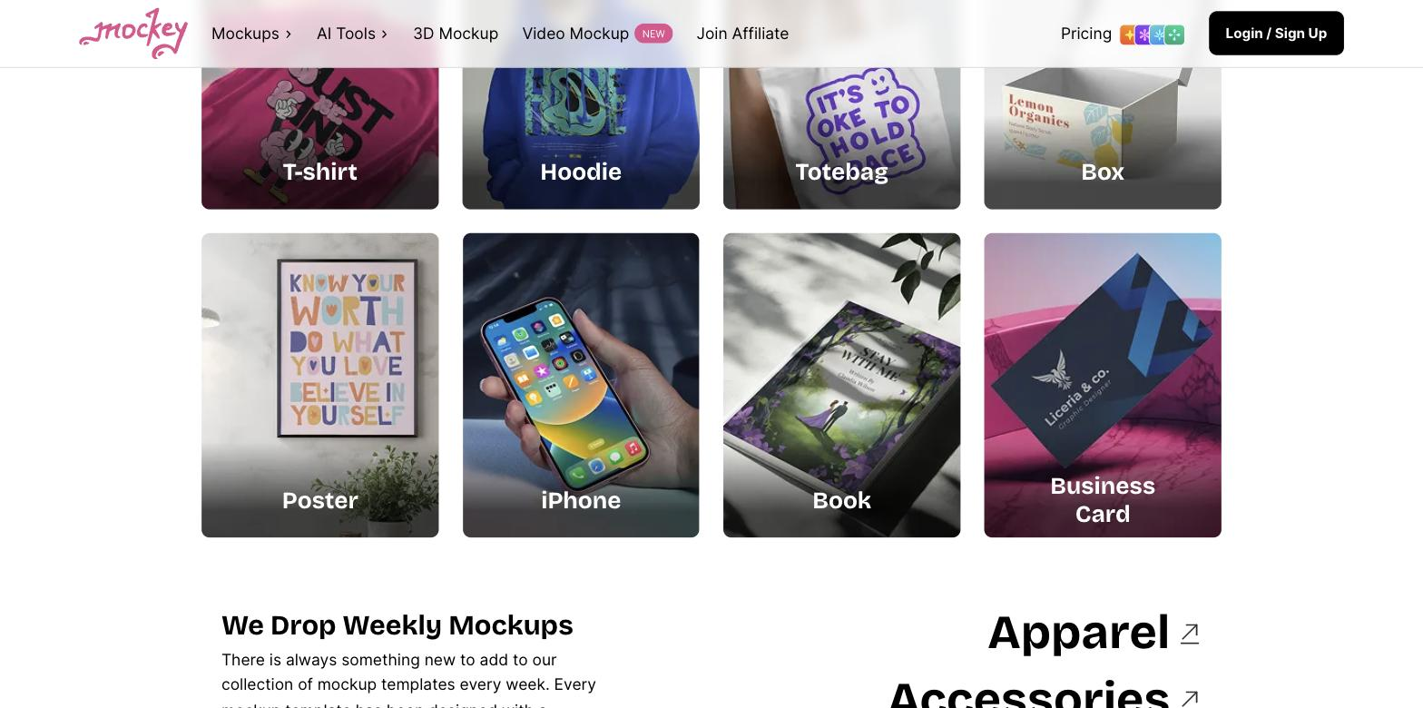 Mockey AI mockup template gallery showing category tiles with rendered product mockups: T-shirt, Hoodie, Totebag, Box, Poster, iPhone, Book and Business Card