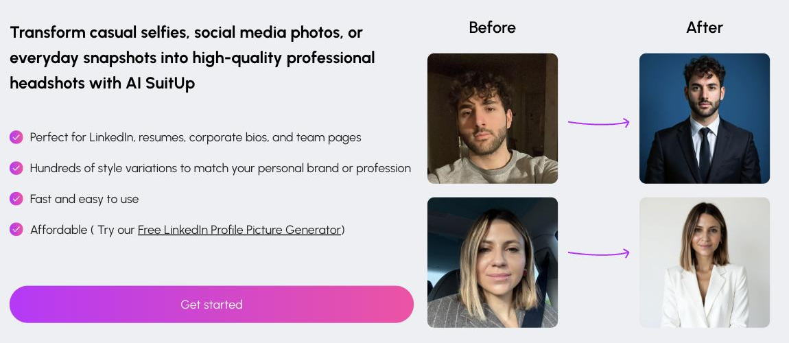 AI SuitUp examples page showing two before-and-after pairs: a casual indoor selfie beside a generated studio headshot in a dark suit, and a car selfie beside a generated headshot in a white blazer.