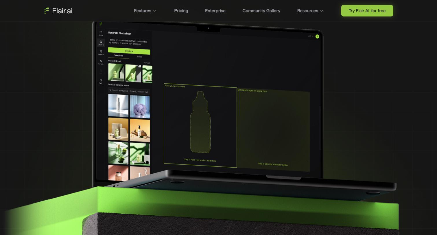 Flair.ai's editor shown on a laptop in a rendered scene: a 'Generate Photoshoot' panel with a scene prompt and Generate button, Templates and Editor tabs, a recently-used strip and a searchable template grid, beside a canvas marked 'Place your product here' with a bottle cut-out and a 'Generated images will appear here' area.