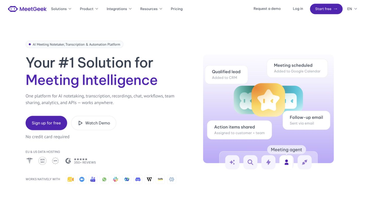 MeetGeek homepage with navigation, meeting intelligence proposition, and product context.