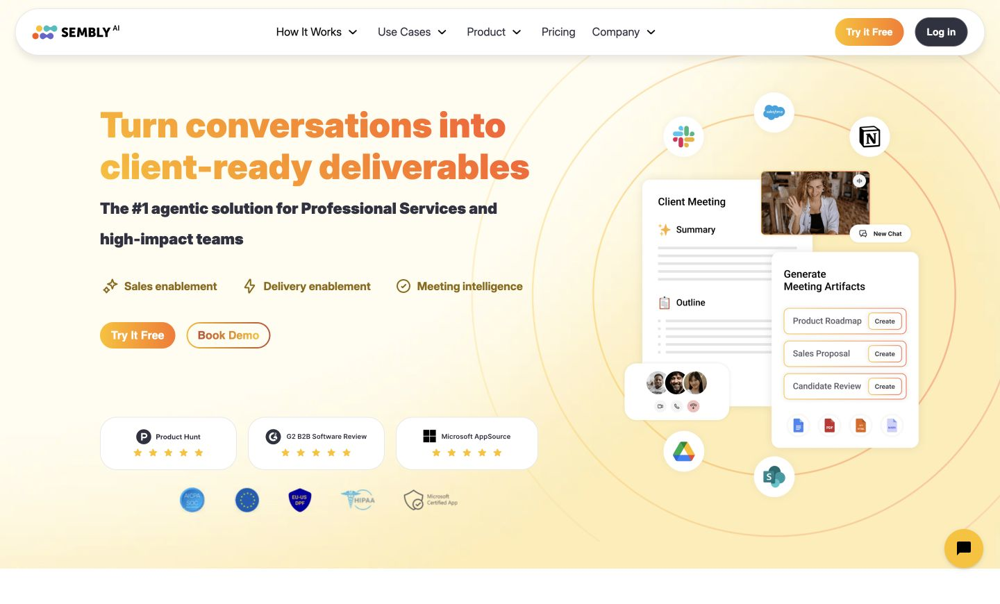Sembly AI official product page showing the vendor identity, navigation, and main product proposition.