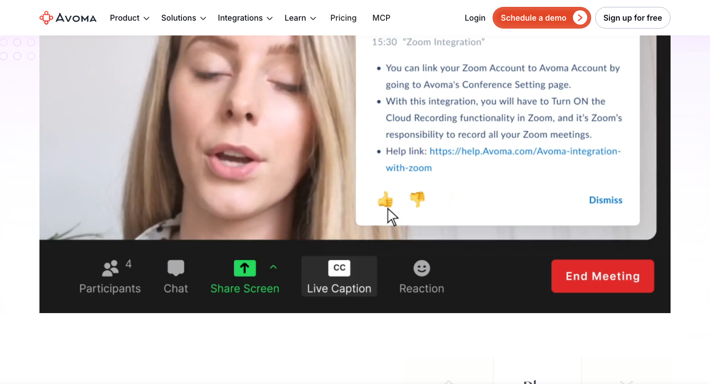 Screenshot of a video meeting interface with an AI-generated summary panel titled 'Zoom Integration' showing bullet-point setup instructions and thumbs up/down feedback icons, above standard meeting controls like Participants, Chat, Share Screen, and Live Caption.