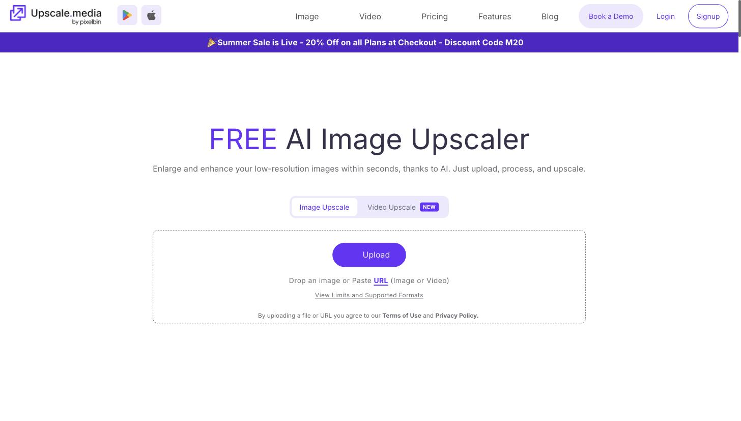 Upscale.media web app home interface with an 'Image Upscale / Video Upscale' toggle and a central upload panel offering an 'Upload' button plus drag-and-drop or paste-URL options for enhancing images.